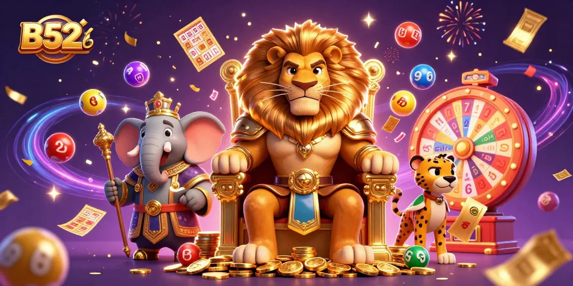 B52Club showcases a fierce lion king and advisors amidst colorful gambling elements in a vibrant 3D casino scene.