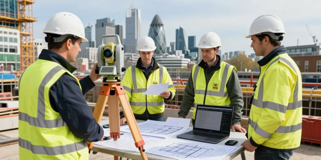Measured Building Survey London professionals conducting surveys at an urban construction site.