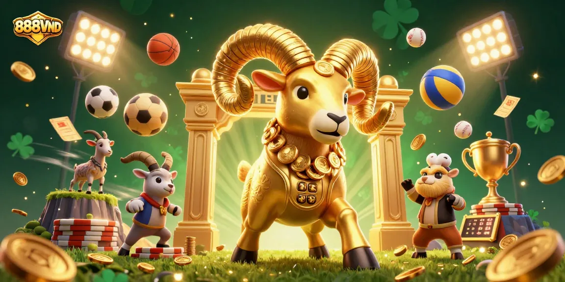 Bet on 888VND with exhilarating sports action, featuring a golden ram amidst dynamic game elements.