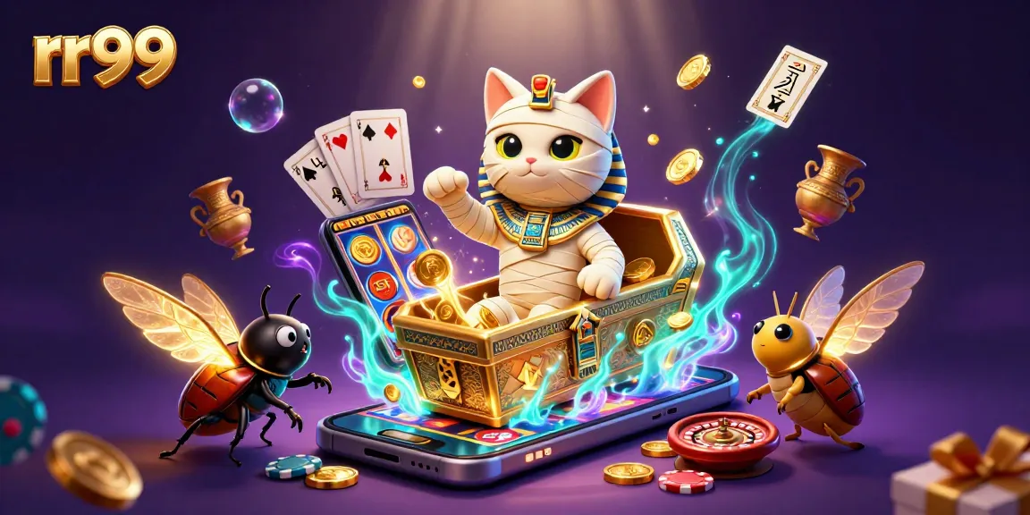 Engage in thrilling slot games with rr99 as the Egyptian mummy cat bursts from a casino sarcophagus.