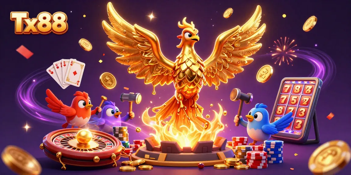 Experience exciting gaming moments at Tx88 Casino with vibrant visuals and rich golden details.