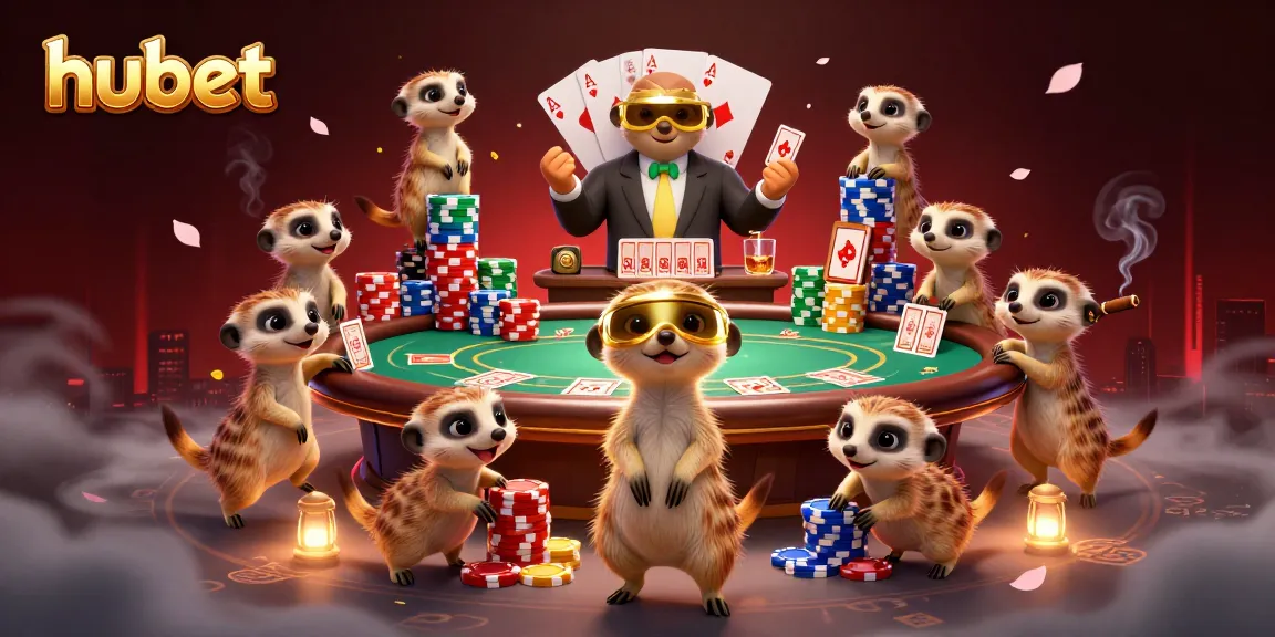 Engage with hubet in a lively 3D meerkat casino scene featuring card games and vibrant colors.
