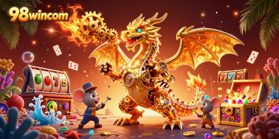 Engage in winning strategies at 98wincom with dynamic 3D casino illustration featuring a golden dragon.