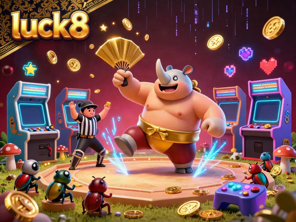 Experience luck8's vibrant gaming world with a sumo beetle champion sending coins flying in a thrilling casino scene.