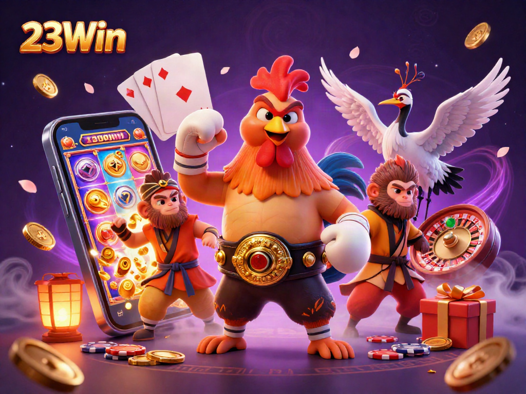 Engage with 23Win's thrilling gaming experience alongside fierce characters in a vibrant casino scene.