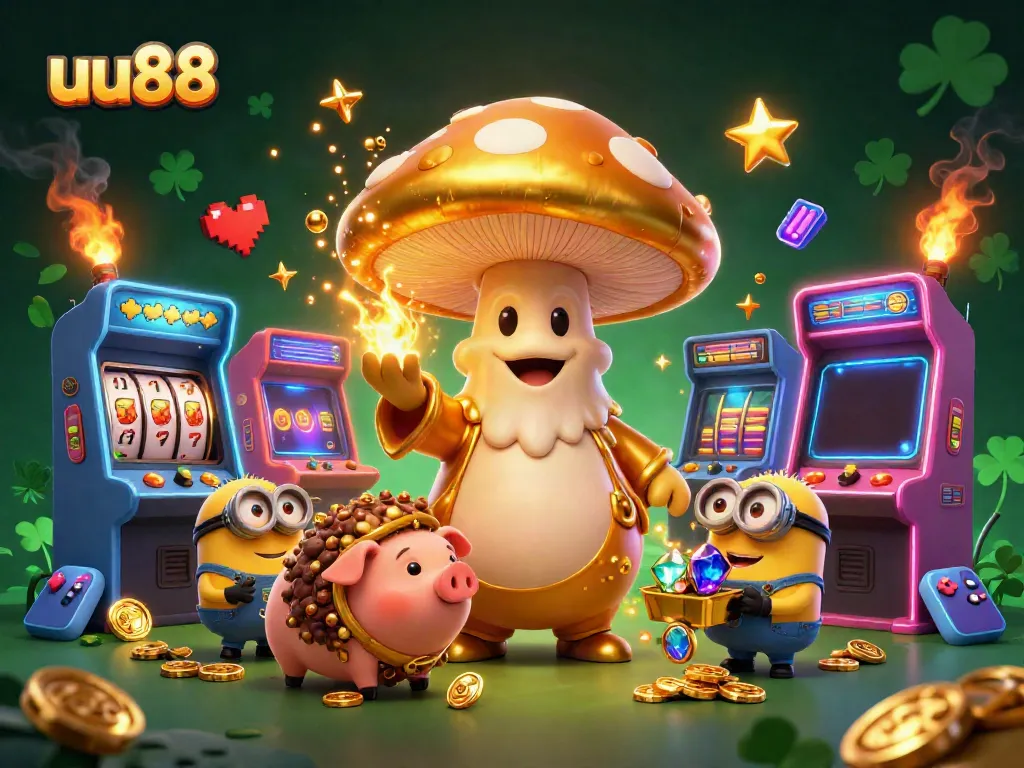 uu88's golden mushroom wizard and treasure pig cast magic in a vibrant gaming scene.