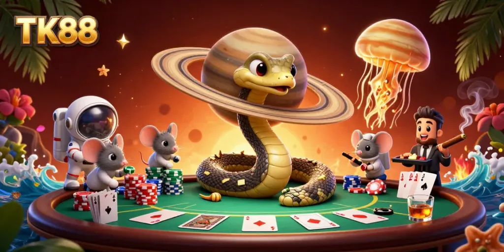Players enjoy dynamic betting action on TK88 with cartoon characters and vibrant casino elements.