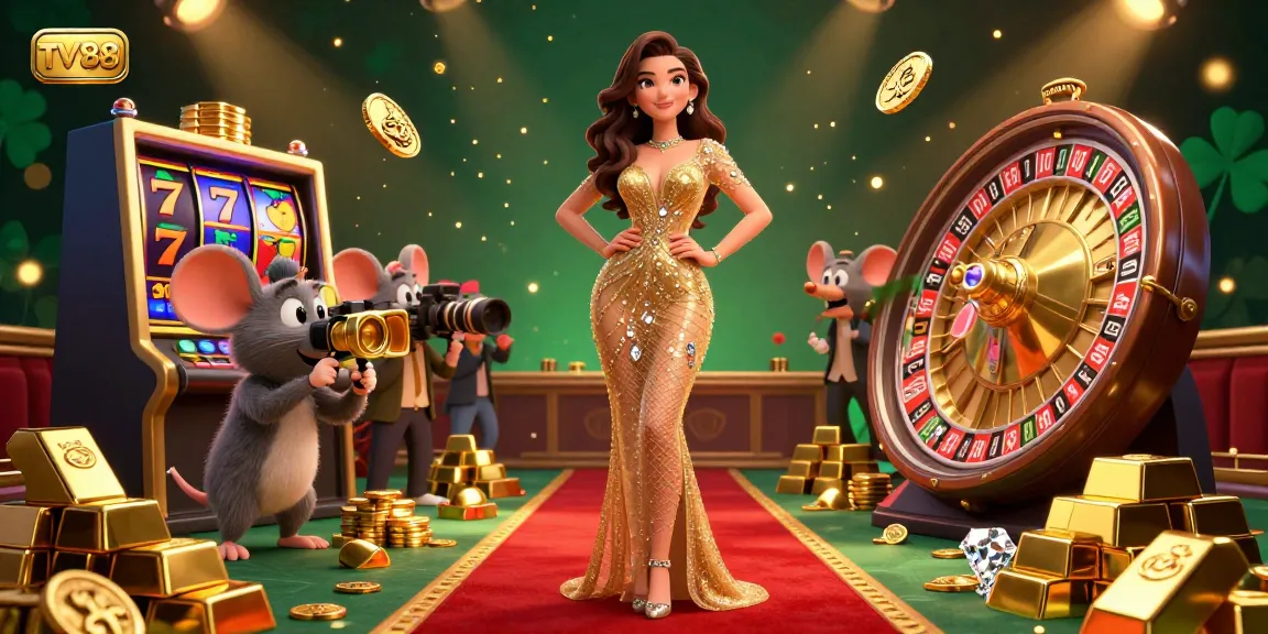Experience thrilling gaming at TV88 with a glamorous scene showcasing a stunning casino setup filled with slot reels and a vibrant roulette wheel.