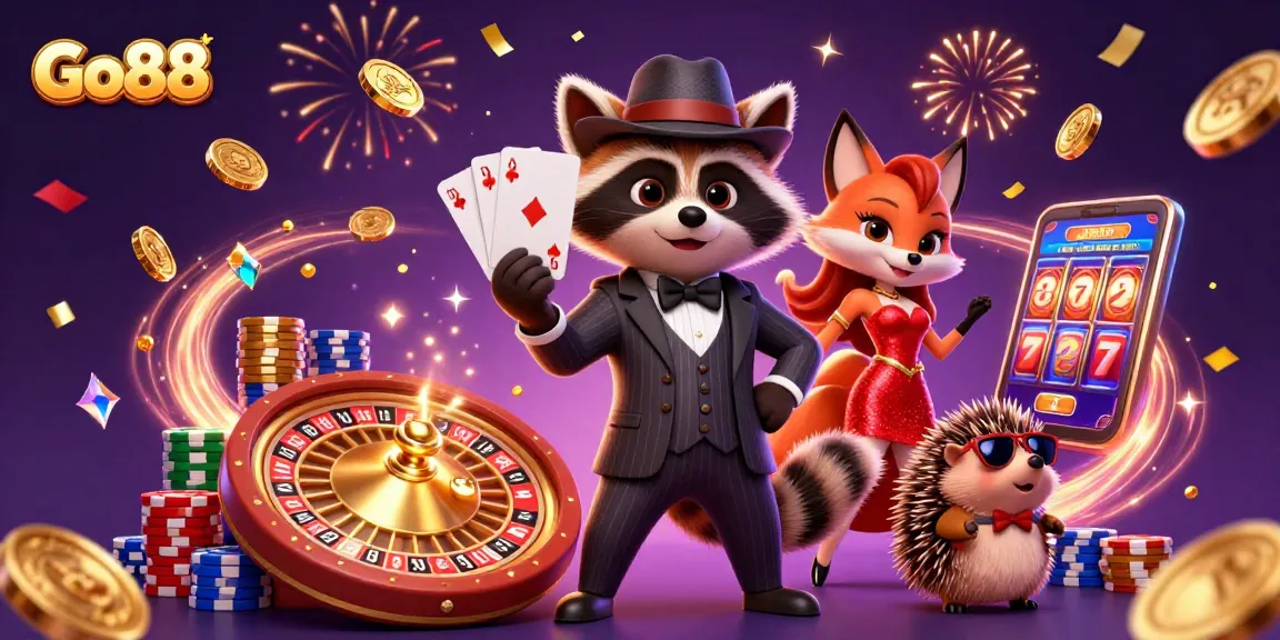 Experience winning strategies at Go88 with this vibrant 3D casino scene featuring thrilling characters.
