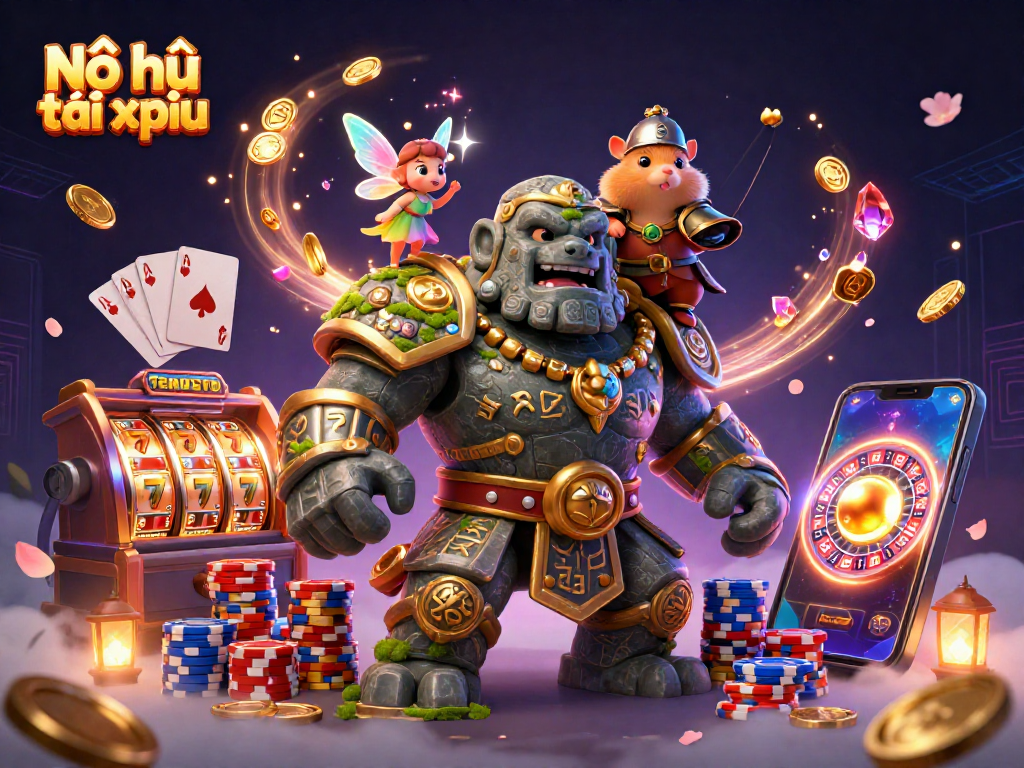 Nổ hũ tài xỉu - Engage with the magical casino journey featuring a stone golem guardian, fairy magic, and hamster knight.