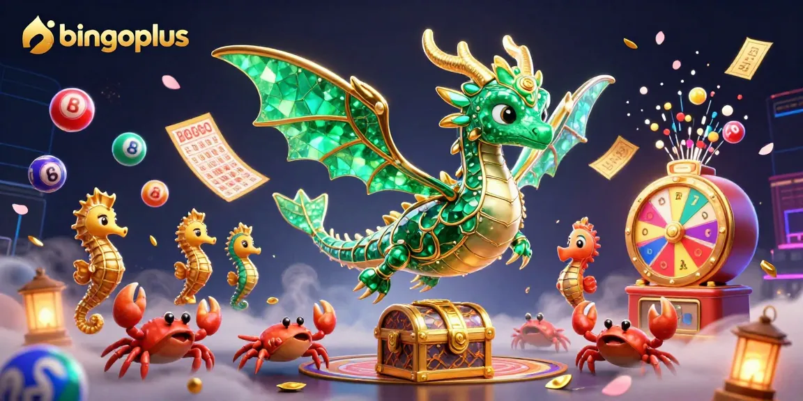 Join the excitement with bingoplus as vibrant balls bounce around an emerald sea dragon, showcasing thrilling online bingo.