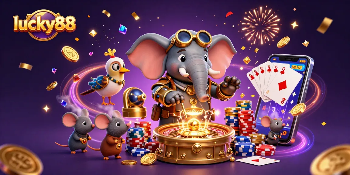 Experience winning moments with lucky88 at this vibrant steampunk casino illustration.