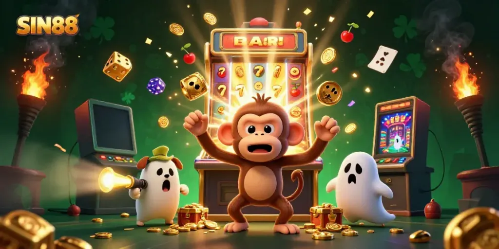 Experience the thrill of SIN88 with a 3D illustration of a mischievous monkey juggling casino coins and a curious puppy tracking it in a bustling casino.