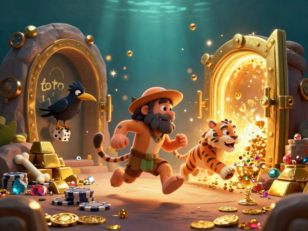 Experience the thrill of toto gaming as a caveman and sabertooth tiger manage a vibrant prehistoric casino.
