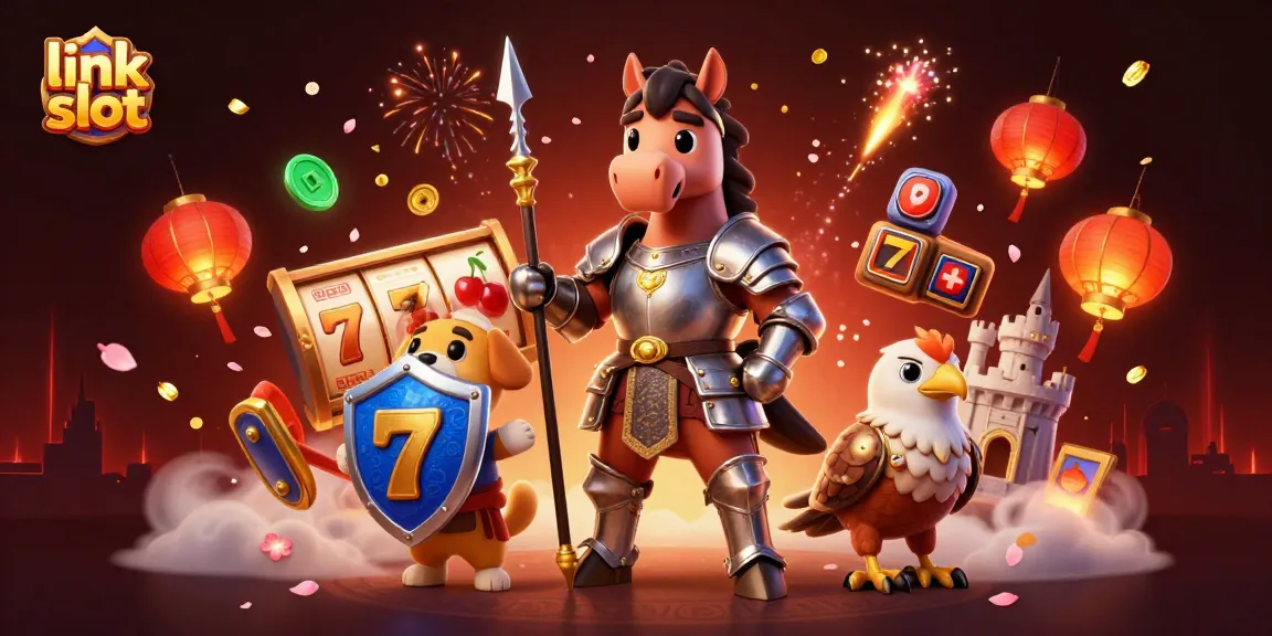 Mesin slot bergaya "link slot" dengan karakter kesatria dan squire, penuh simbol keberuntungan.