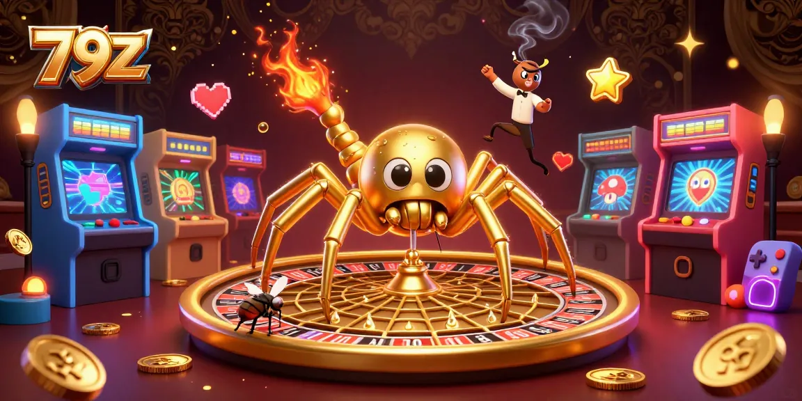 Engage with 79Z's thrilling gaming scene, showcasing a golden spider and croupier in a roulette web.