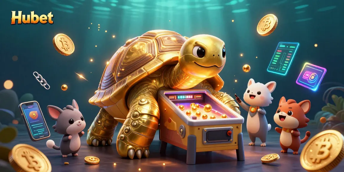 Experience Hubet's vibrant casino atmosphere with a 3D golden tortoise and crypto elements.