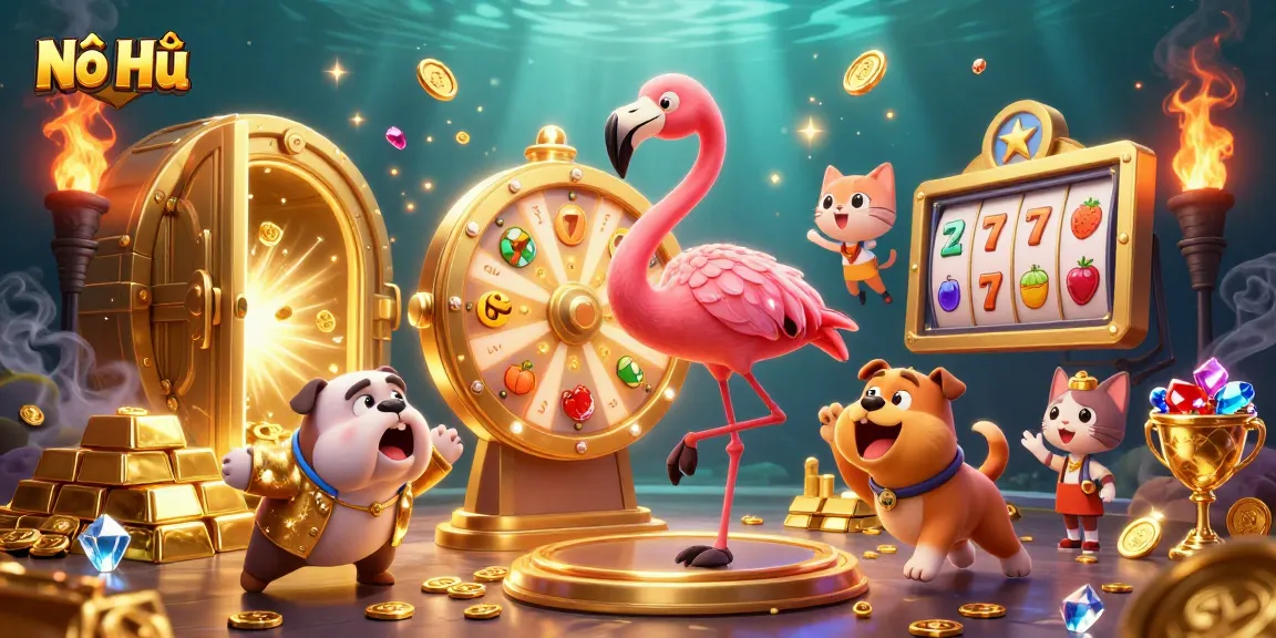 Nổ Hũ brings excitement as a flamingo hosts a jackpot prize wheel, showcasing abundant riches and gems.