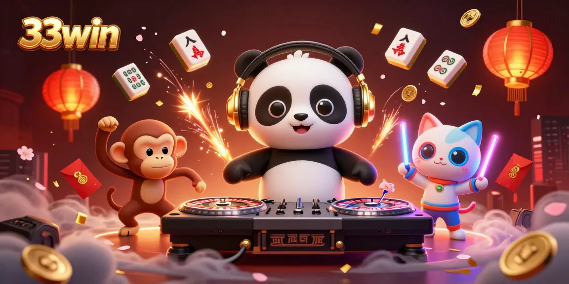 Engage with 33win casino vibes featuring fun characters like a DJ panda and breakdancing monkey.