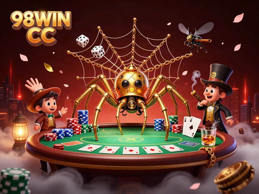 Experience thrilling gameplay with 98WIN CC as a steampunk spider captures dice in a dynamic casino scene.