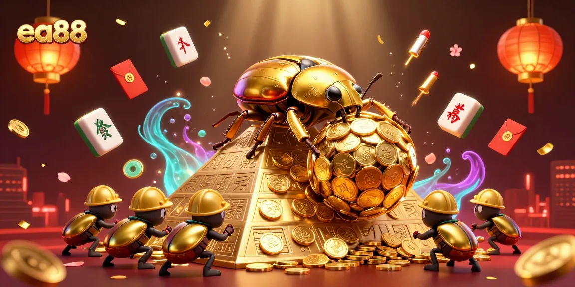 ea88 casino features a striking scene of golden beetles rolling coins, celebrating the fun of gaming.