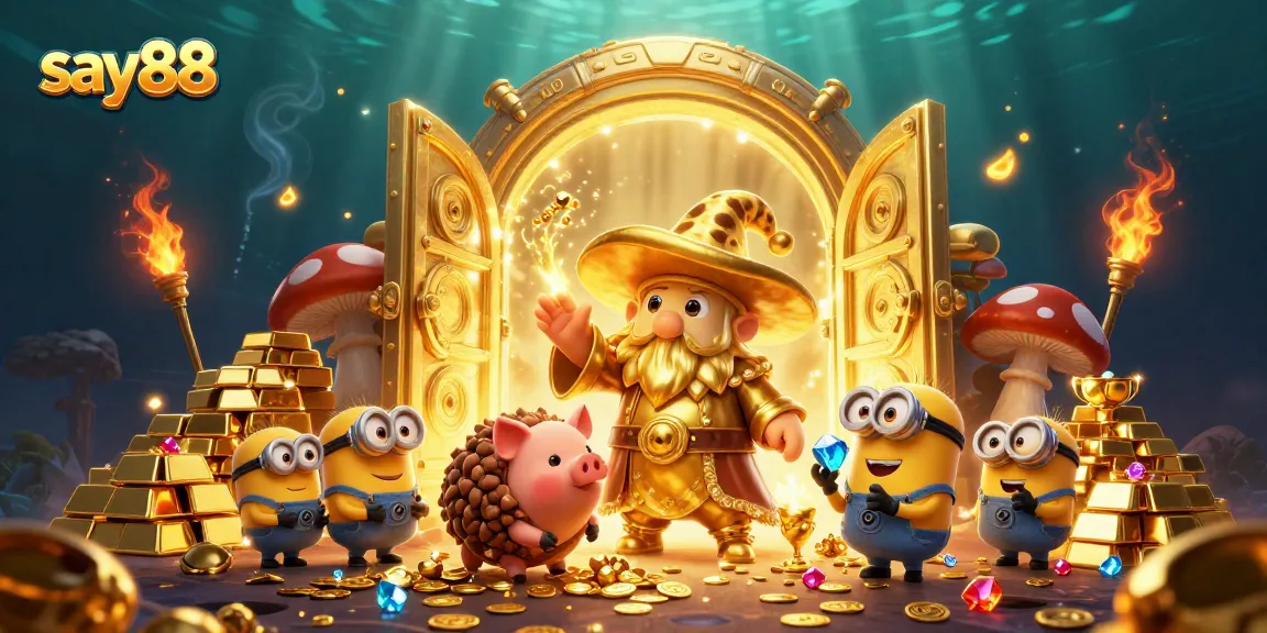 Experience say88's thrilling adventures with wizard characters uncovering treasures and gems in a captivating casino scene.