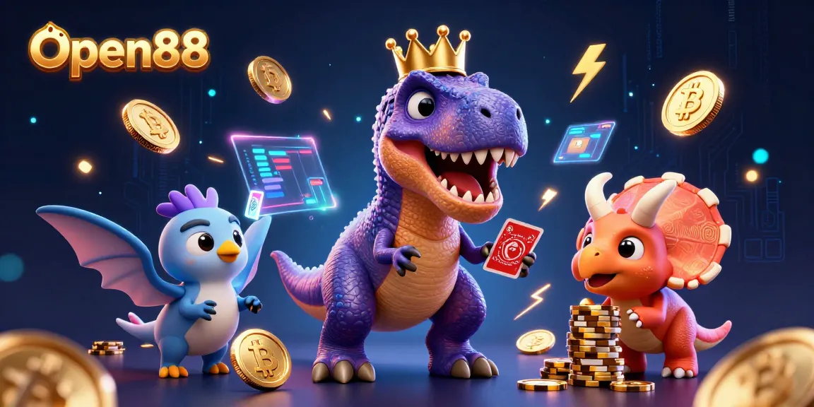 Open88 showcases a fun T-Rex and friends playing cards with vibrant cryptocurrency elements in a captivating 3D scene.