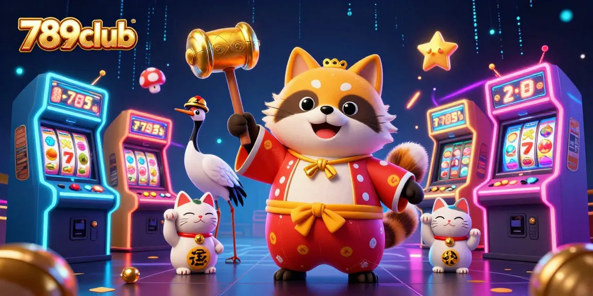 Engage with the luck of 789club in this vibrant 3D casino-themed illustration featuring a cheerful tanuki and gaming elements.