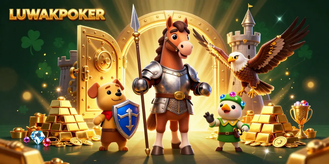 Experience thrilling action with LUWAKPOKER, featuring knights and treasures in a vibrant casino scene.