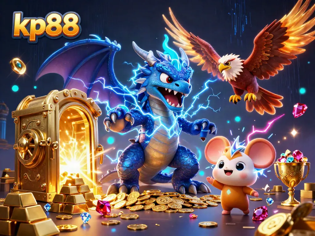 Engage in dynamic gameplay at kp88 with cartoon characters surrounded by treasures and casino elements.
