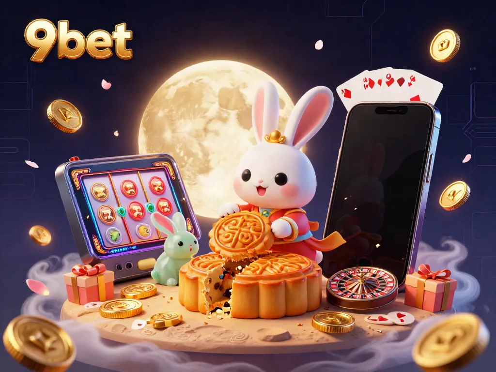Join the excitement at 9bet with a moon rabbit illustration showcasing dynamic casino elements and poker chips.