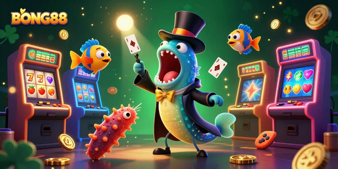 BONG88 showcases a vibrant scene of deep-sea characters performing thrilling card tricks in a dynamic casino environment.