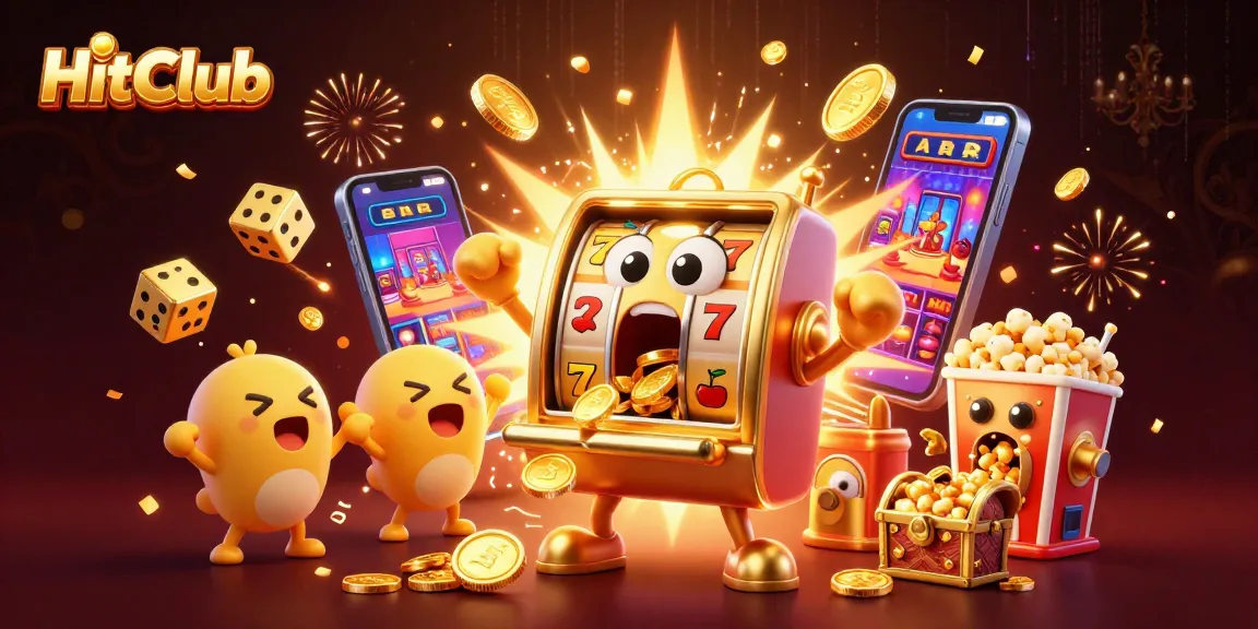 HitClub slot machine scoring a jackpot amidst a vibrant casino environment with coins and symbols