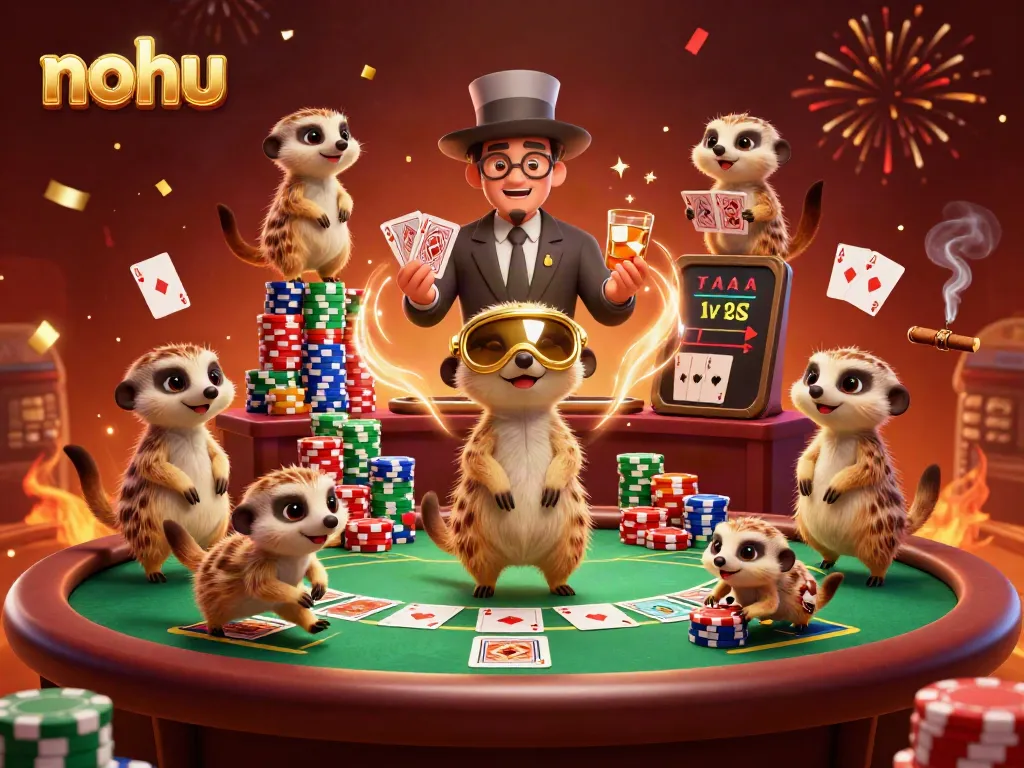 Join the fun at NOHU with a playful meerkat casino scene featuring exciting poker action and colorful chips.