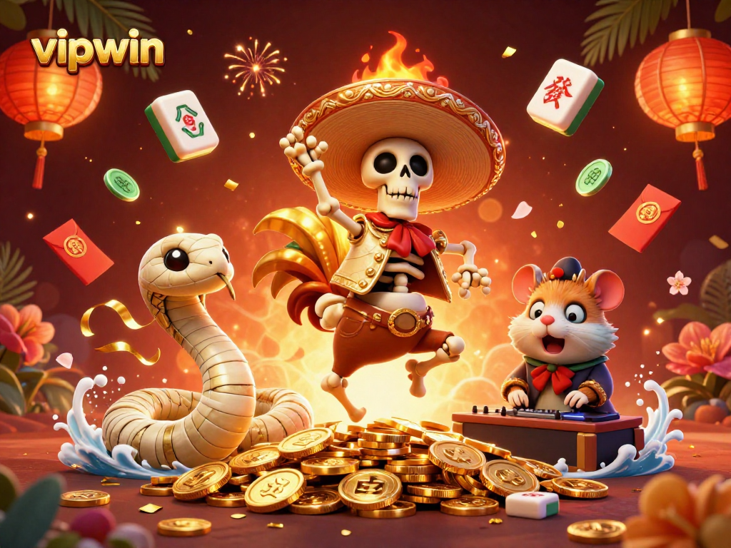 Experience the thrill of winning at vipwin with a festive scene full of characters and casino symbols.