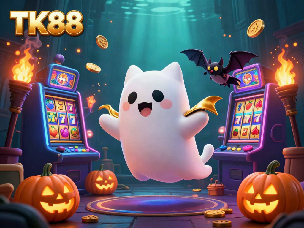 Play thrilling games with TK88 in a vibrant haunted casino with glowing jack-o-lanterns and friendly ghost cat.