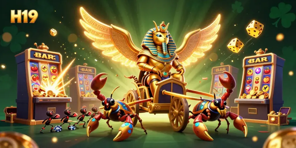 Win big with H19 in an engaging casino scene featuring vibrant characters and dynamic game elements.