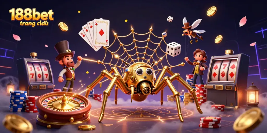 Experience 188bet trang chủ in a vibrant 3D illustration featuring a golden spider web and casino elements.
