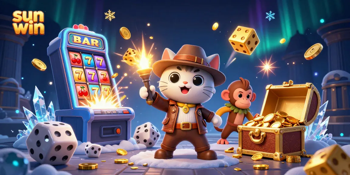 Engage with sun win slots in a vibrant 3D scene featuring a cartoon archaeologist cat and monkey companion.