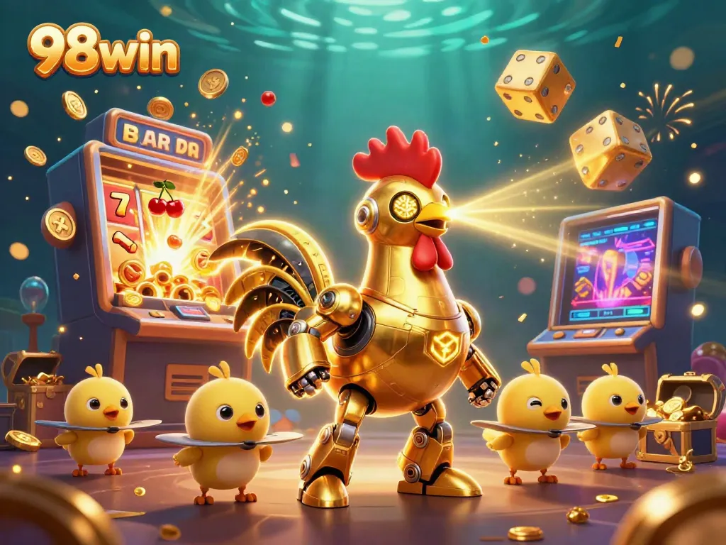 Experience thrilling gaming at 98win with a golden rooster robot amidst epic slot machines and casino elements.