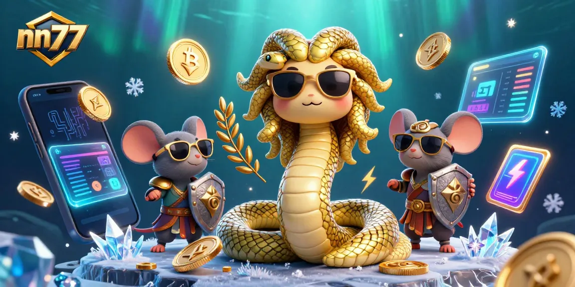 Engage with nn777's dynamic gaming scene featuring a friendly Medusa and a warrior mouse amidst vibrant symbols.