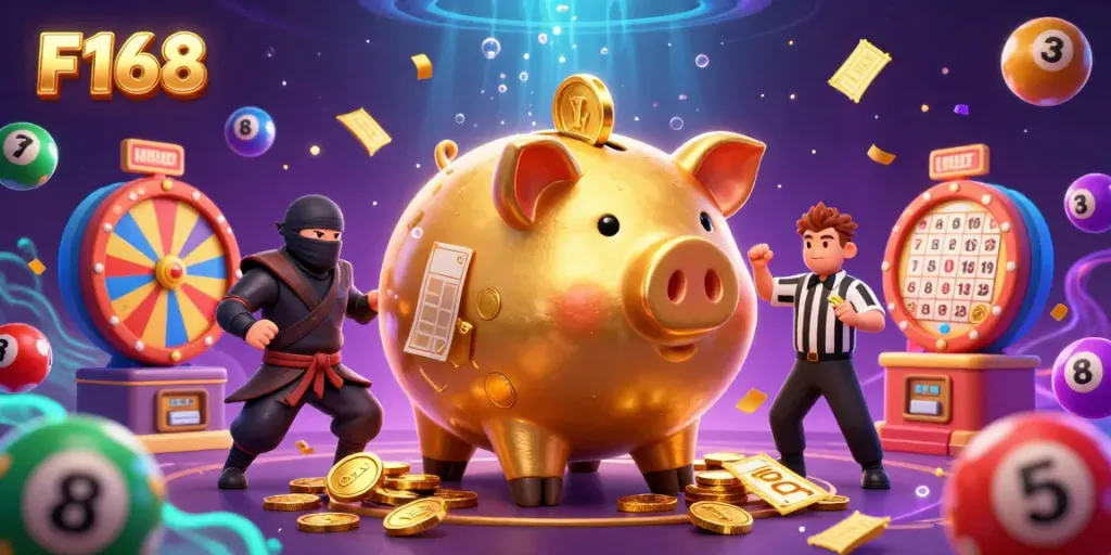 Experience F168's captivating gameplay with a sumo wrestler and ninja amidst golden coins and lottery elements.