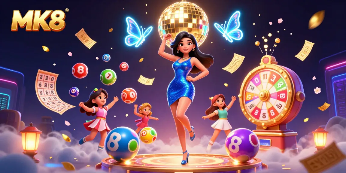 MK8 offers exciting gaming experiences, showcasing jackpot elements and vibrant lottery balls in an electrifying casino scene.