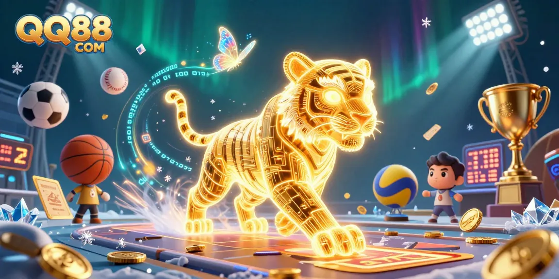 Engage with thrilling gameplay at QQ88 COM featuring a neon tiger in a vibrant casino scene.