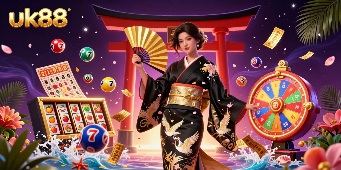 Engage with the vibrant uk88 online casino scene featuring dynamic lottery elements and a stunning Asian character.