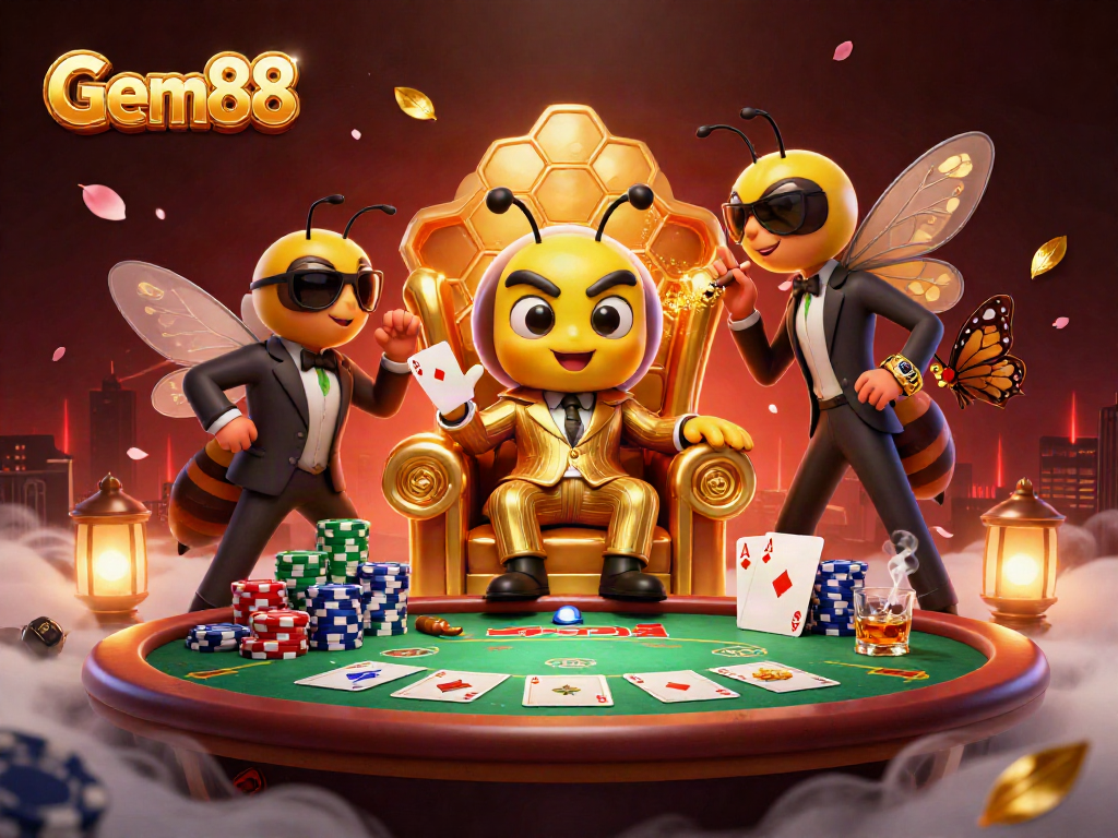 Engage with Gem88’s thrilling 3D casino scene featuring a bumblebee mob boss and poker elements.