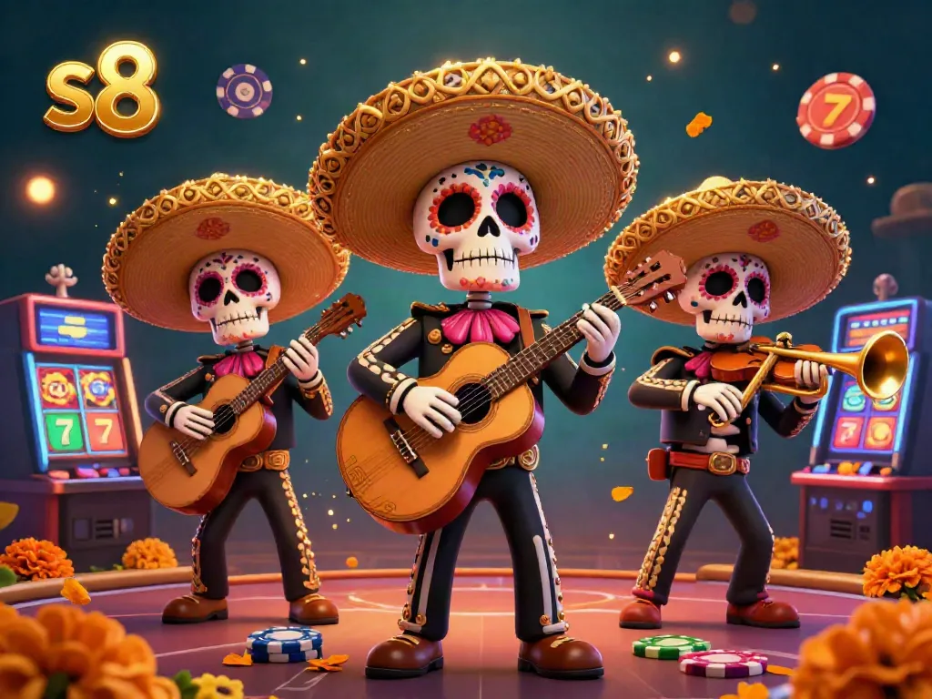 Experience vibrant gaming with s8 as skeleton mariachi players celebrate in a lively casino scene.