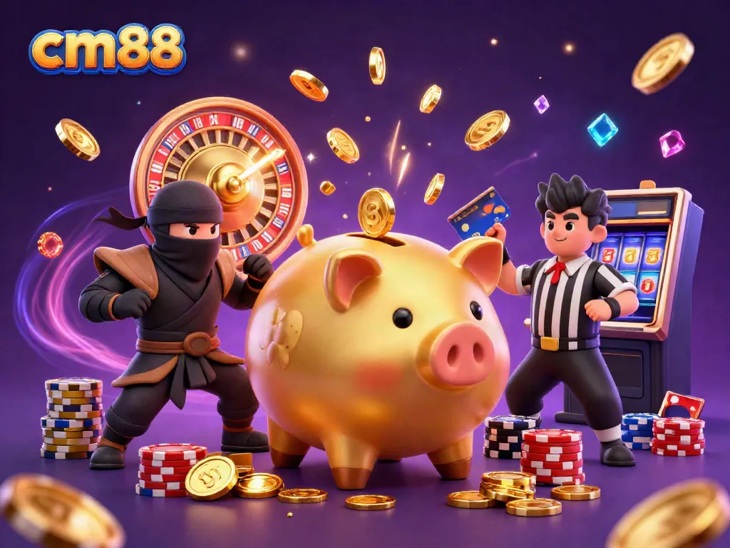 Engage with cm88's vibrant casino world featuring a golden piggy bank sumo wrestler and colorful casino elements.