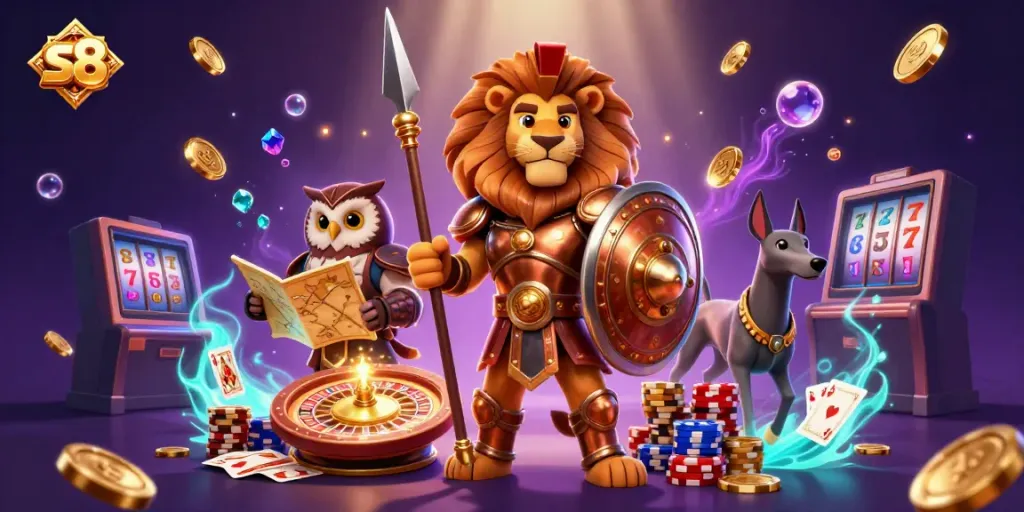 Experience exciting games on S8 with a dynamic illustration of a Spartan lion and strategists in a vibrant casino scene.