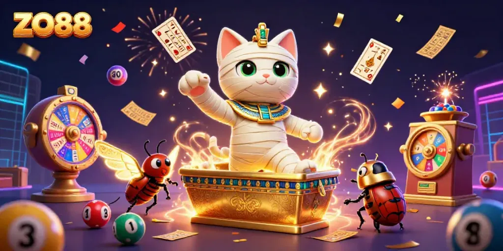 Experience ZO88 with an exhilarating illustration of a mummy cat emerging from a casino sarcophagus.